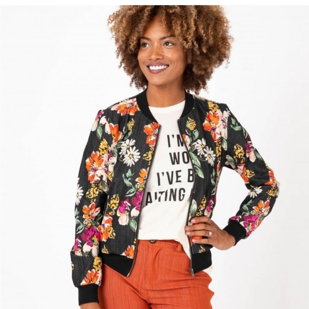 Agnes & Dora Black Denim Floral Bomber Jacket